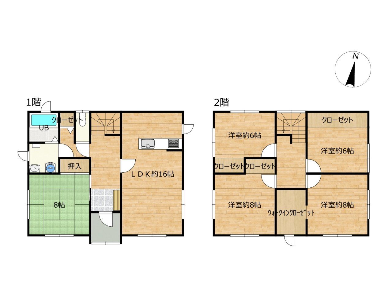 【間取図】リビング16帖、洋室4部屋、和室1部屋の5LDKです。4~5人家族にぴったりですね。