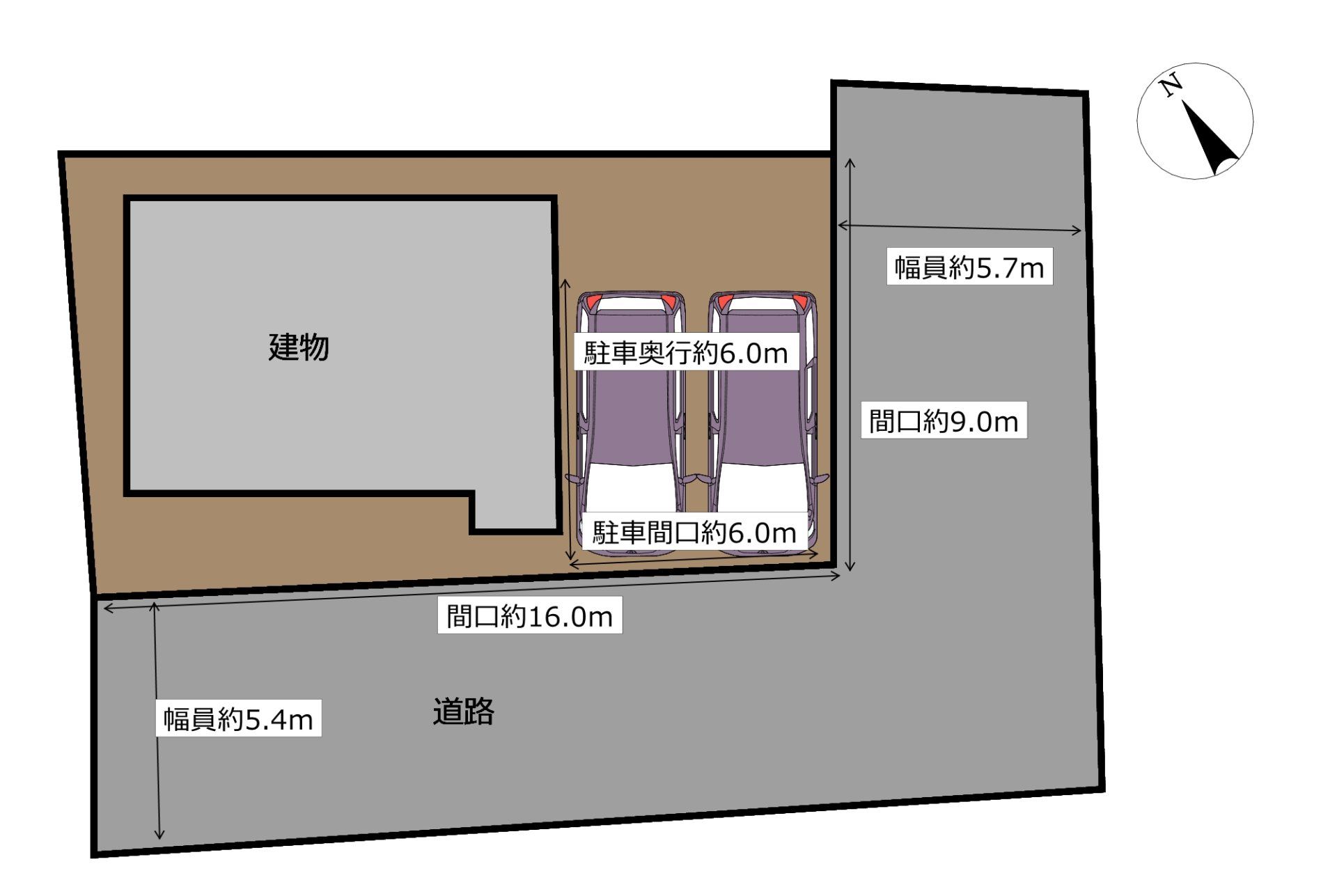 【区画図】並列で普通車2台駐車可能です。駐車スペースには融雪が入っています。