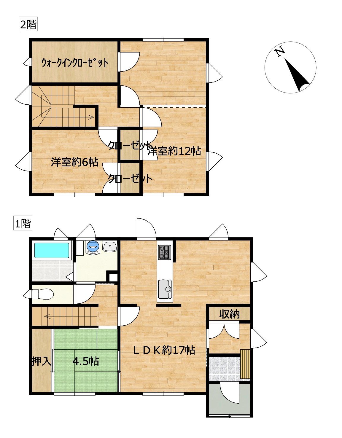 【間取図】間取り図です。洋室2部屋、和室1部屋の3LDKです。2階洋室12帖を仕切ると4LDKとしてもお使いいただけます。