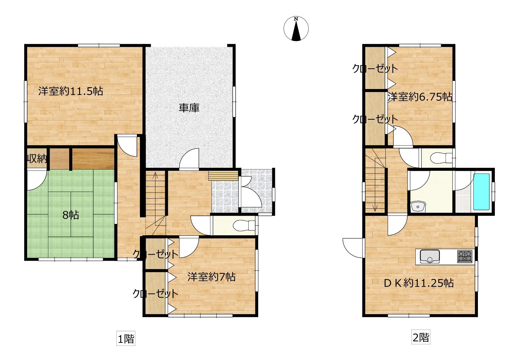 【間取り図】4LDKの住宅です。2階にリビングや浴室があります。